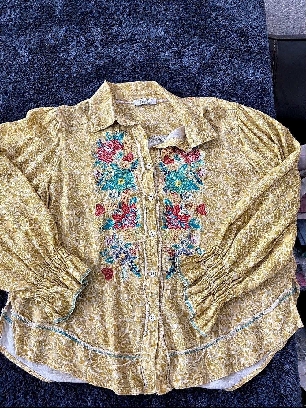 Tru Luxe Jeans Paisley Embroidered Blouse in Yellow